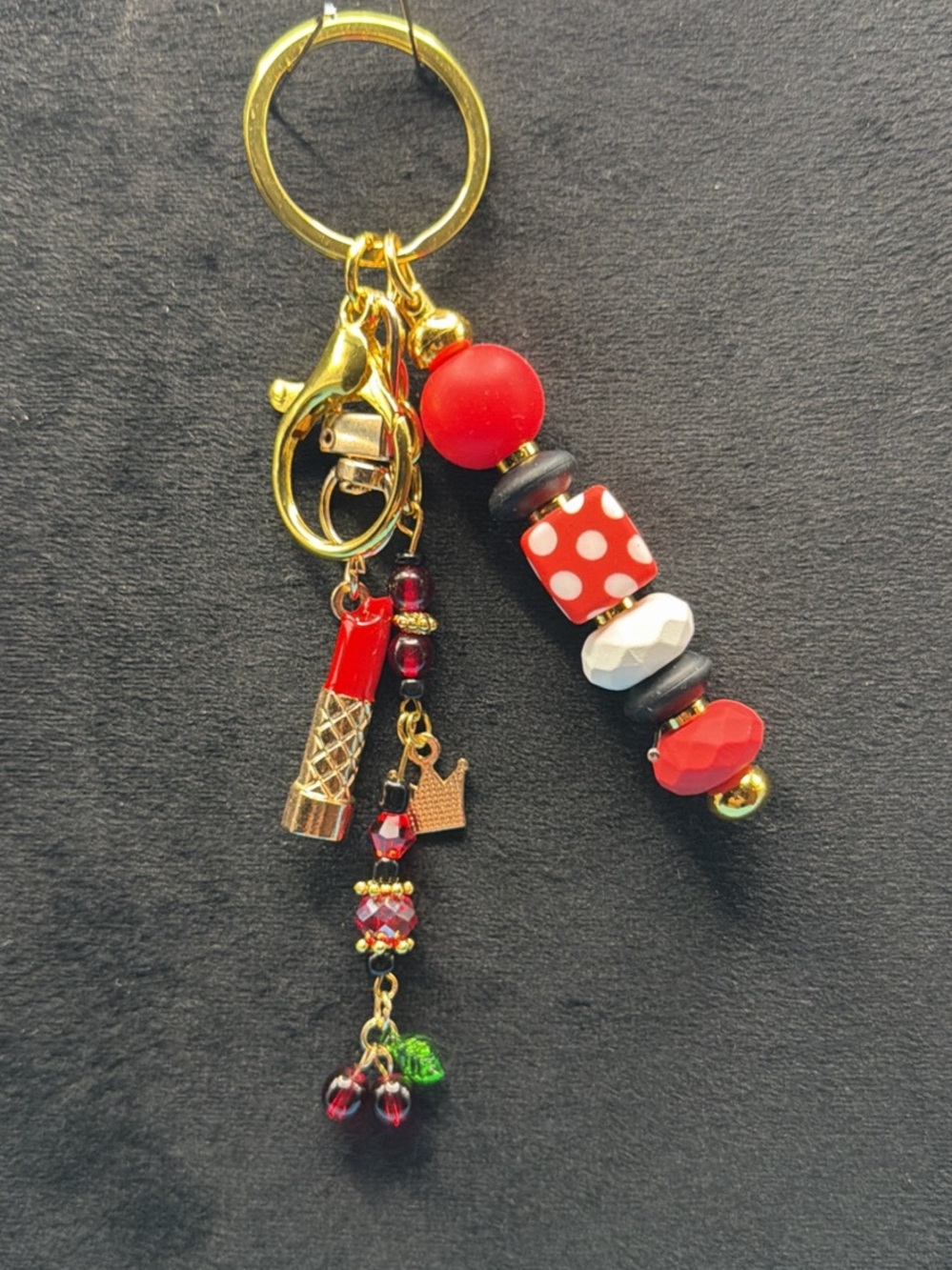 Red Beaded Charm Keychain - Gold Hardware